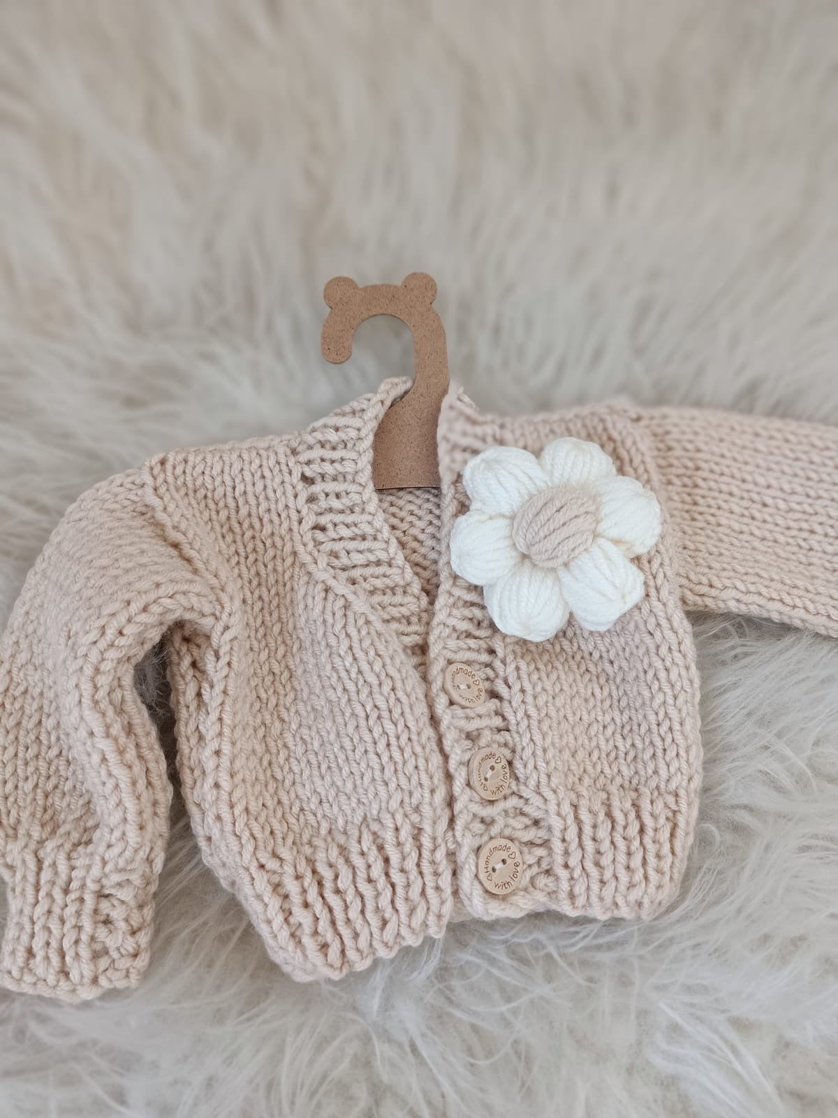 Hand knit flower cardigan beige