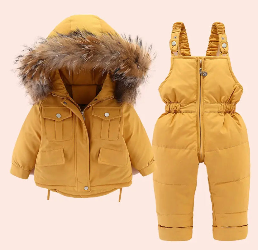 Duck down snowsuit set with a faux fur trim