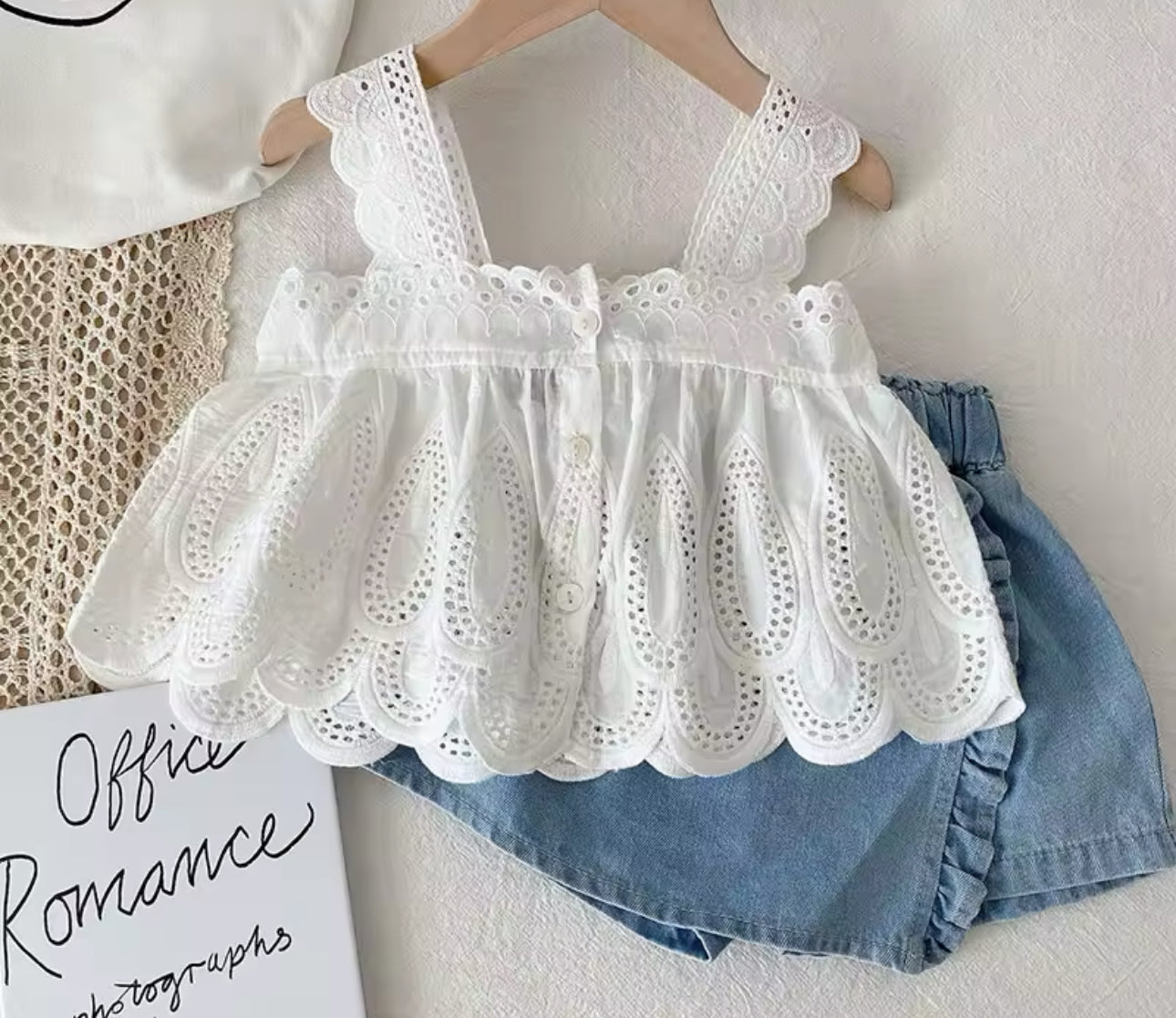 Two piece spring summer white lace top and denim skort