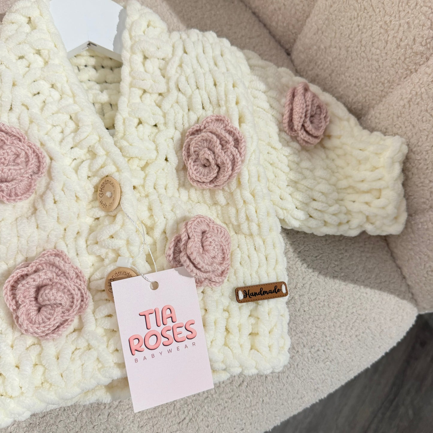 In stock Soft handknit cardigan with purple flowers