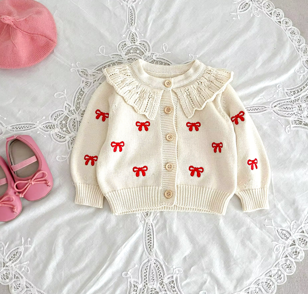 Pre order cream knit bow cardigan and romper 2 piece set