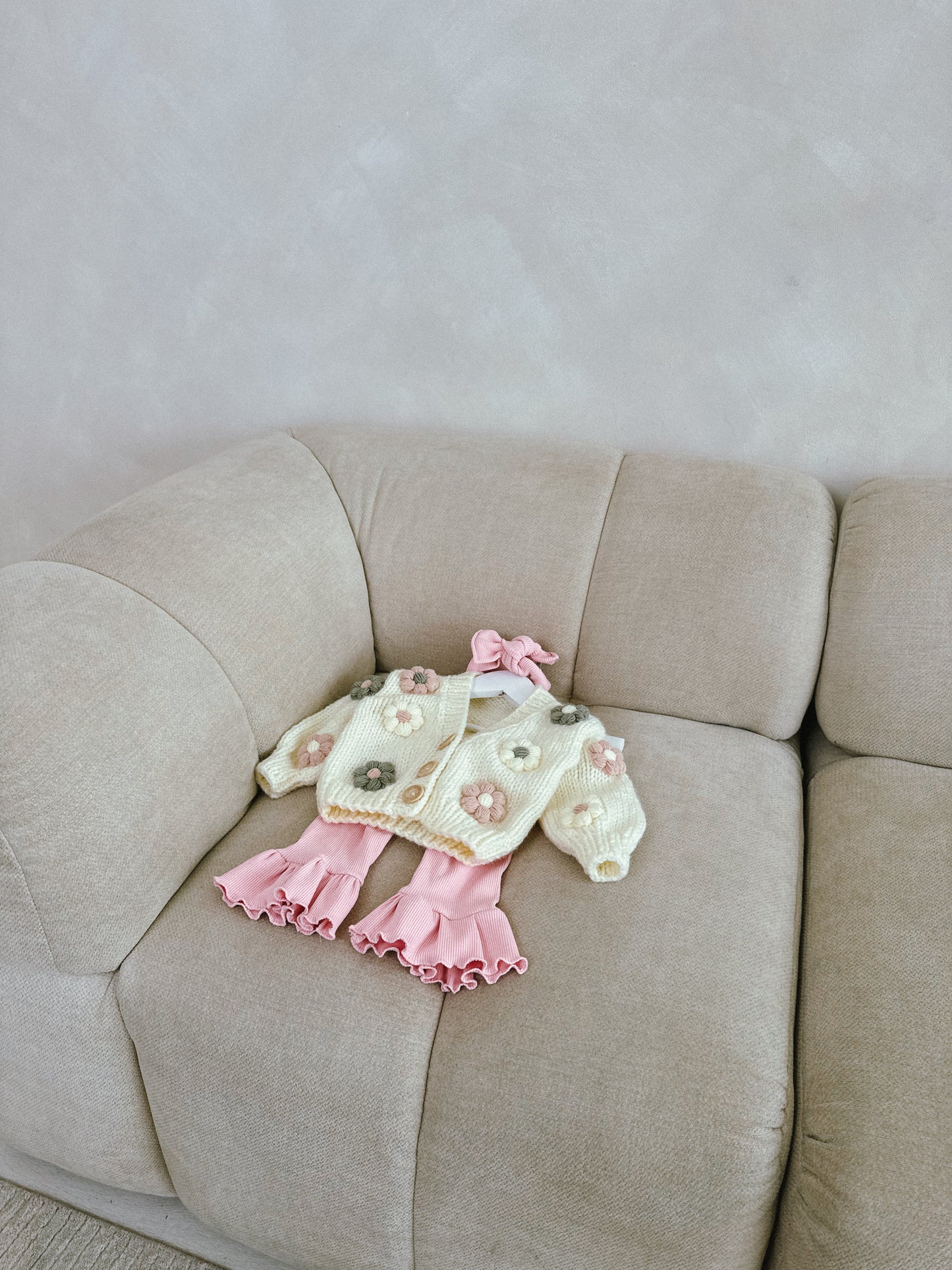 Handknitted summer pink cream and sage flower cardigan