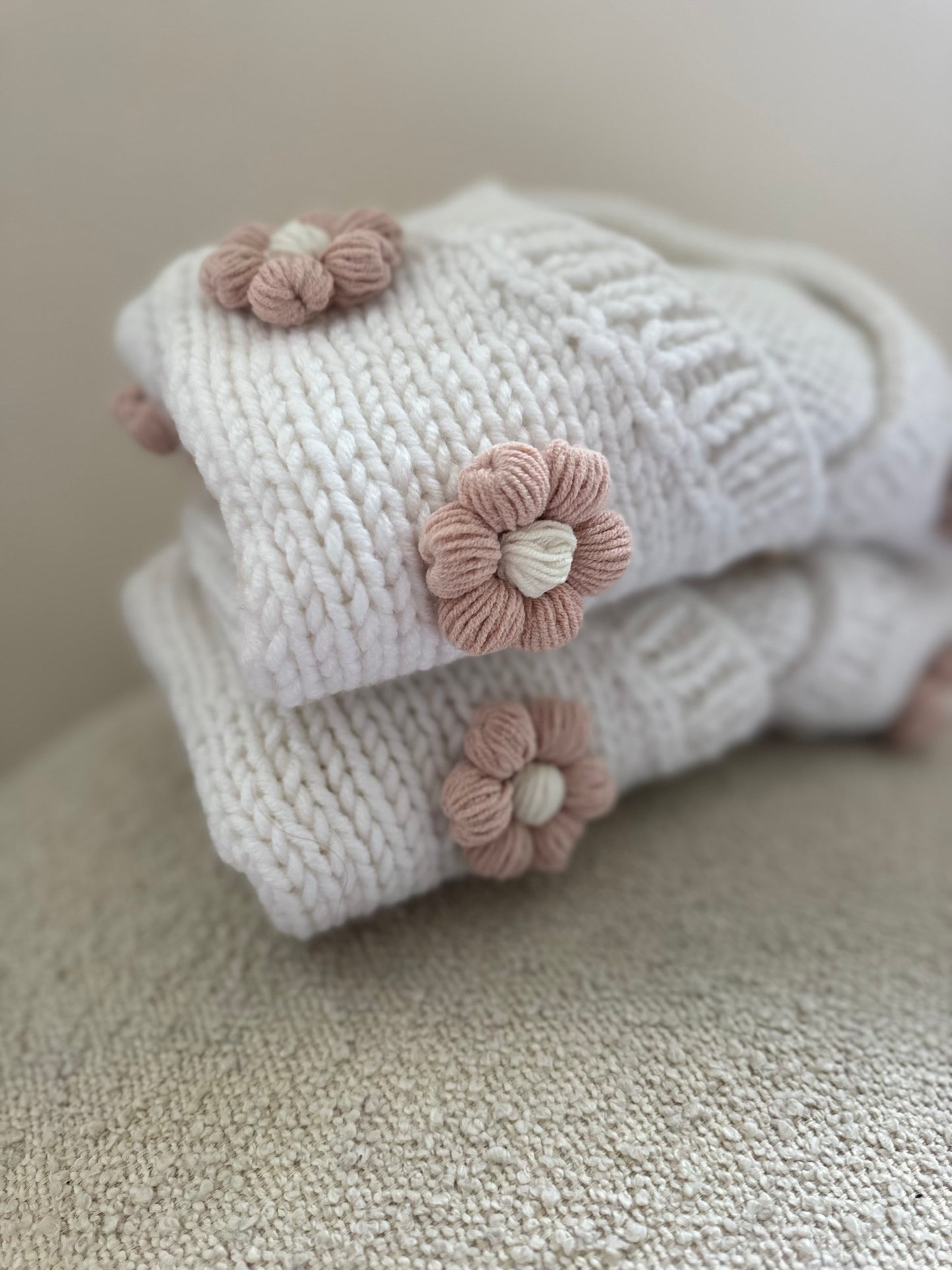 In stock pure white flowers on front and back handknitted cardigan