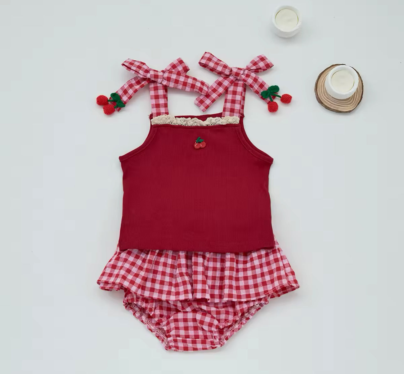 Cherry two piece cotton top and bloomers summer set