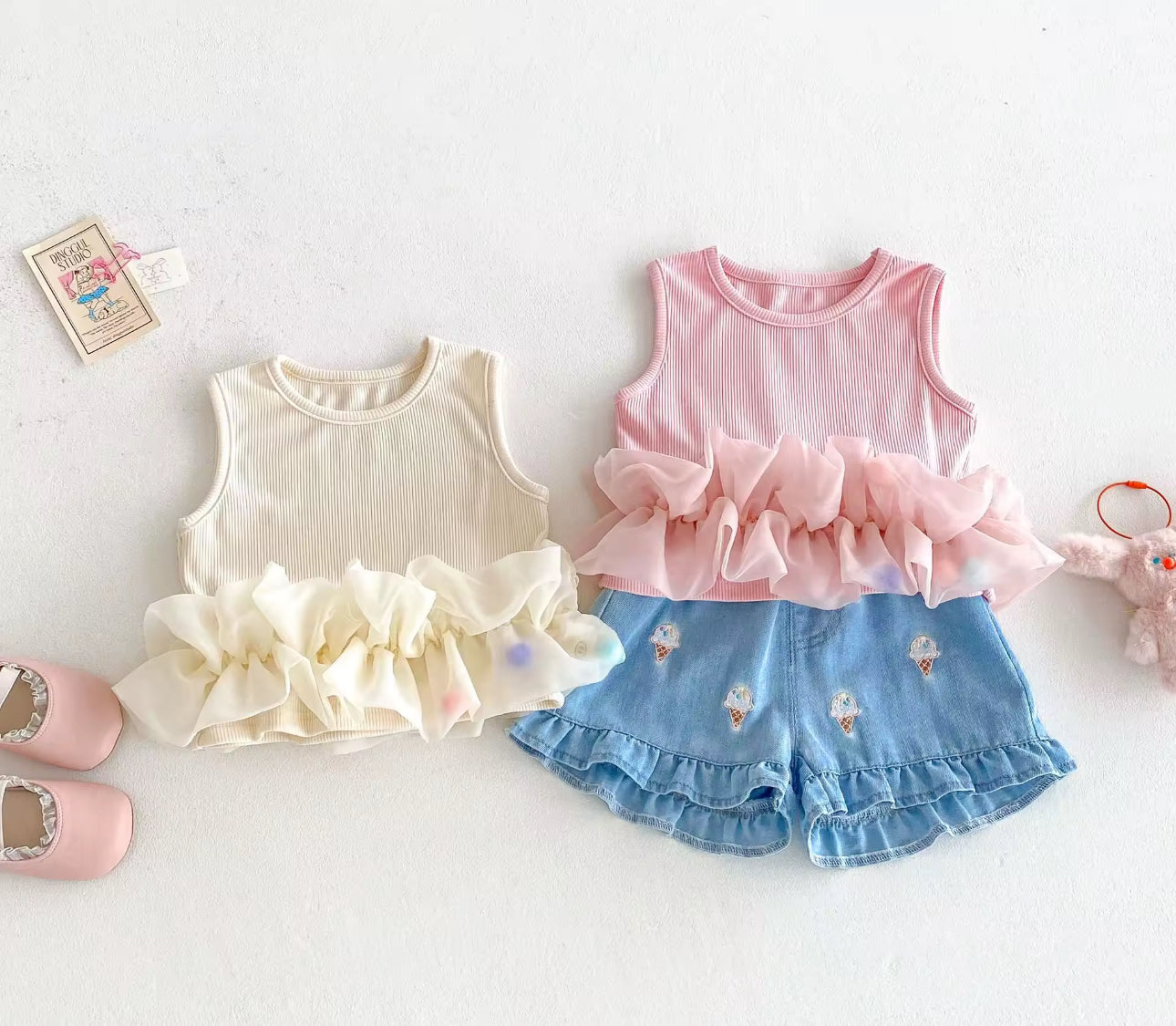Summer Ice cream embroidered shorts and tutu top set