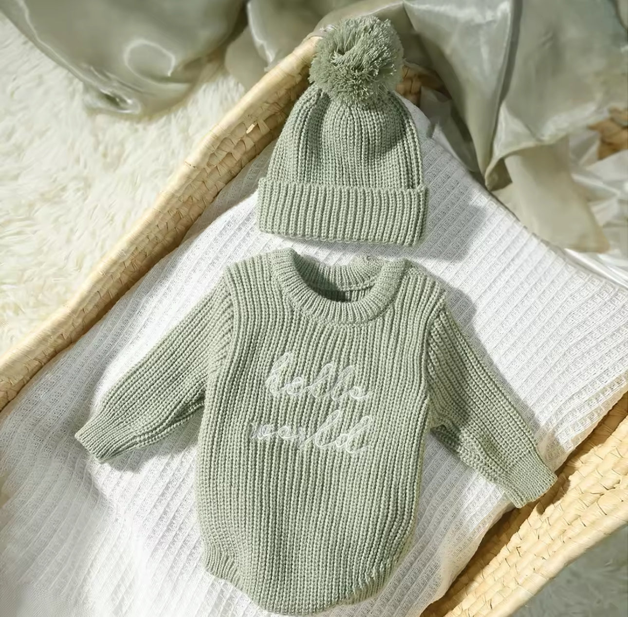Pre order ‘Hello World’ embroidered chunky romper and hat