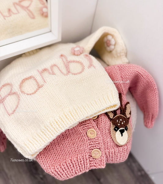 Custom name handknitted flower cardigan pre order (bambis design)