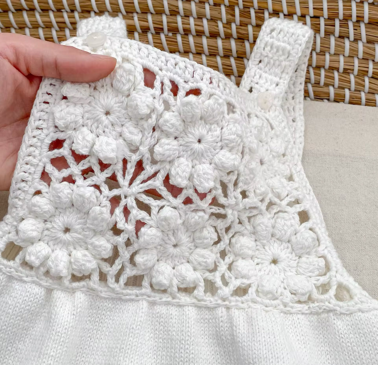 Boho summer crochet white romper/bonnet