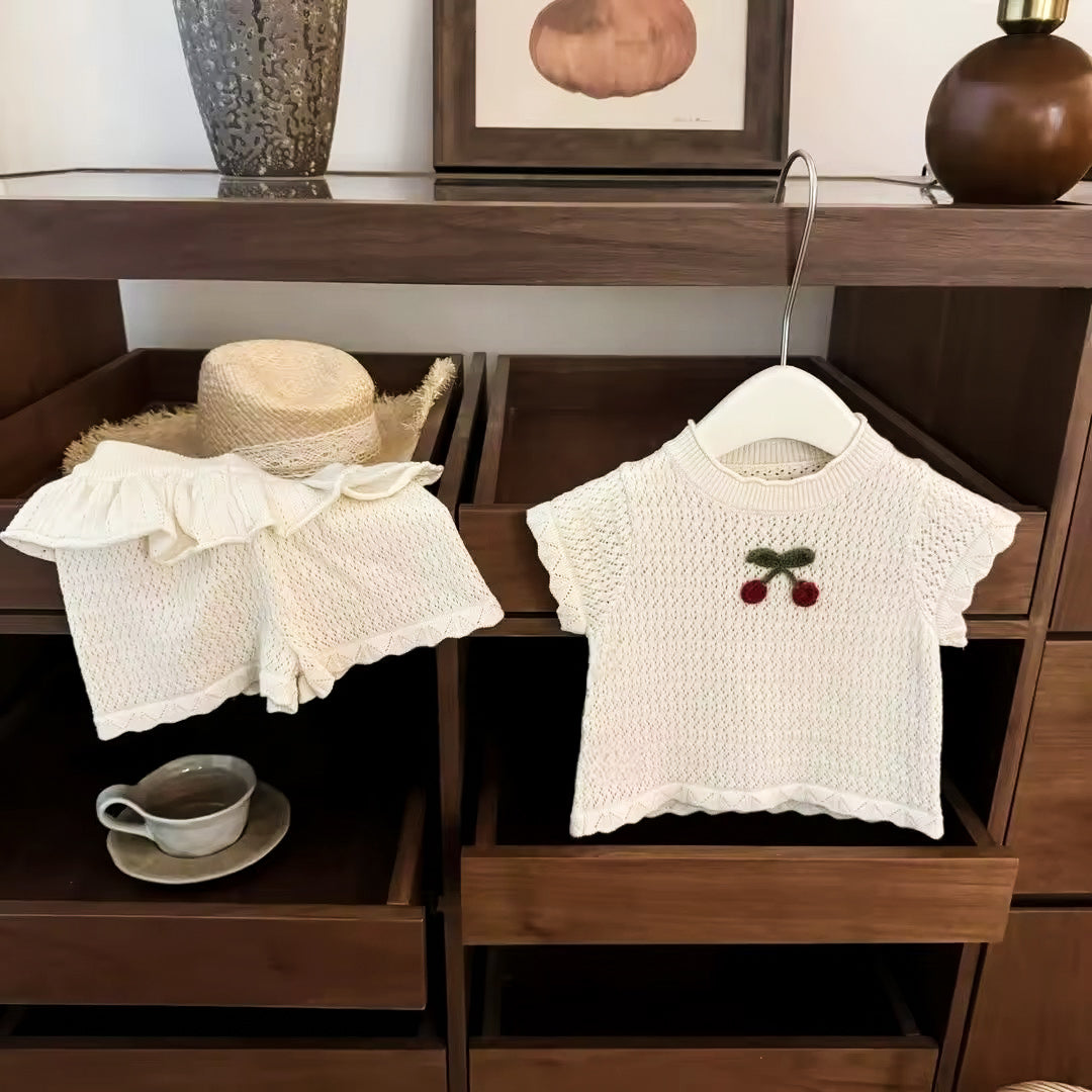 Cherry summer knit two piece top and frill shorts set