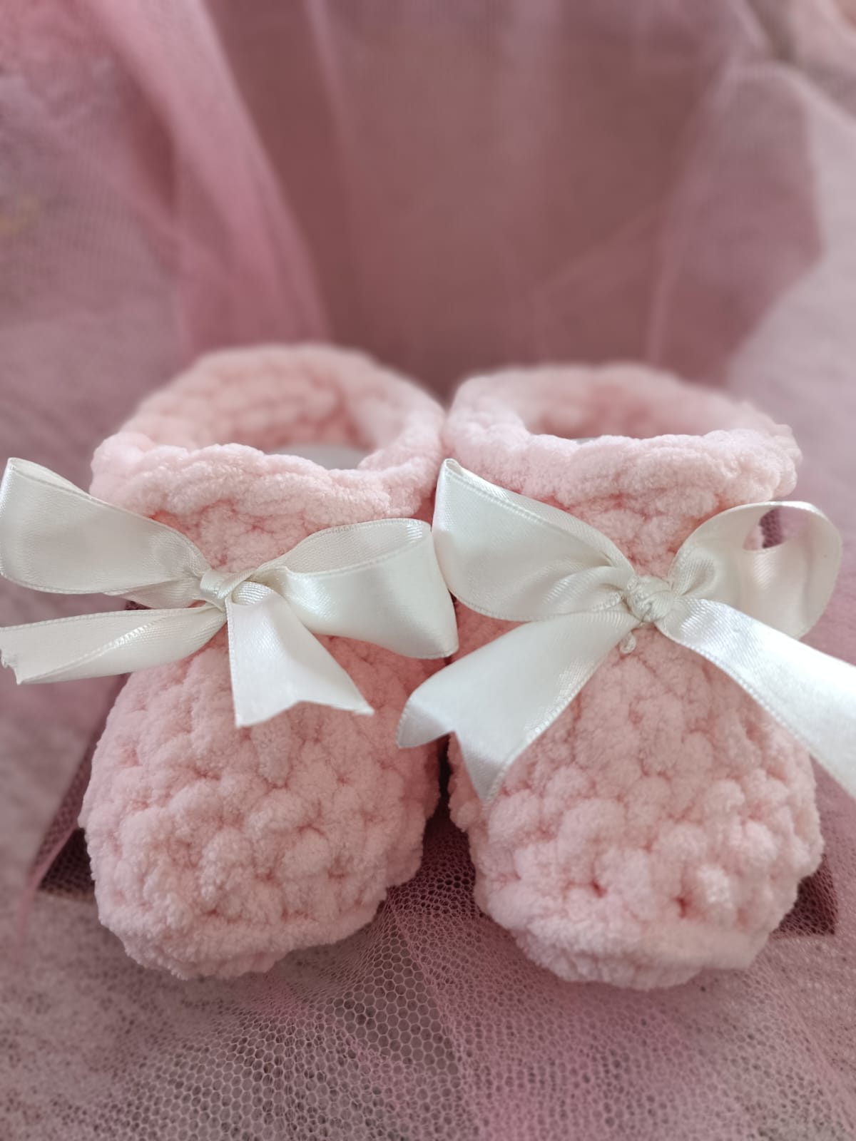 Pre order soft pink ribbon booties (matches our soft ribbon cardigan)