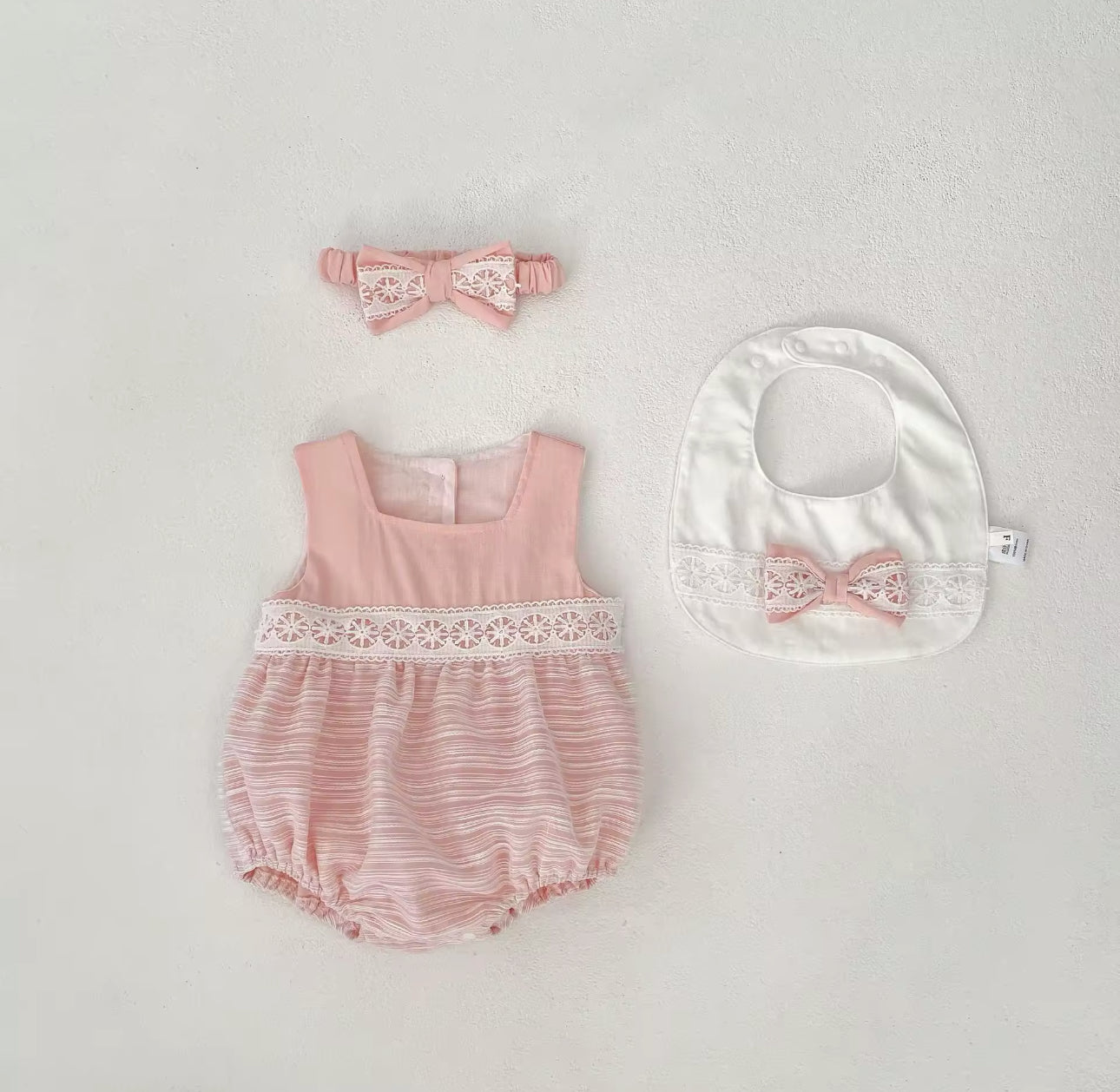 3 piece spring summer lace baby pink bow set
