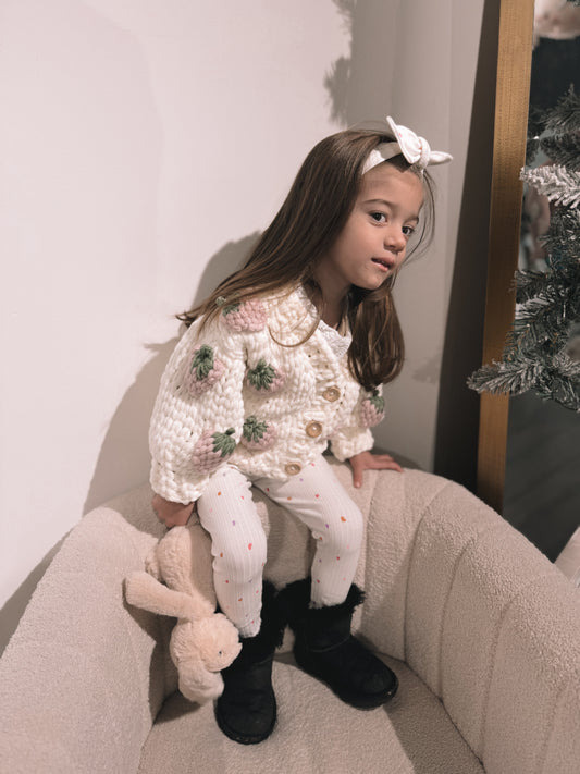 Pre order Soft white hand knit knit pink strawberry cardigan