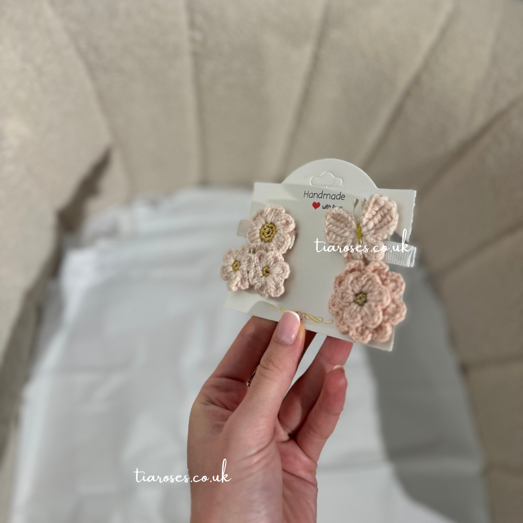 In stock pink handknitted crotchet hair clip set