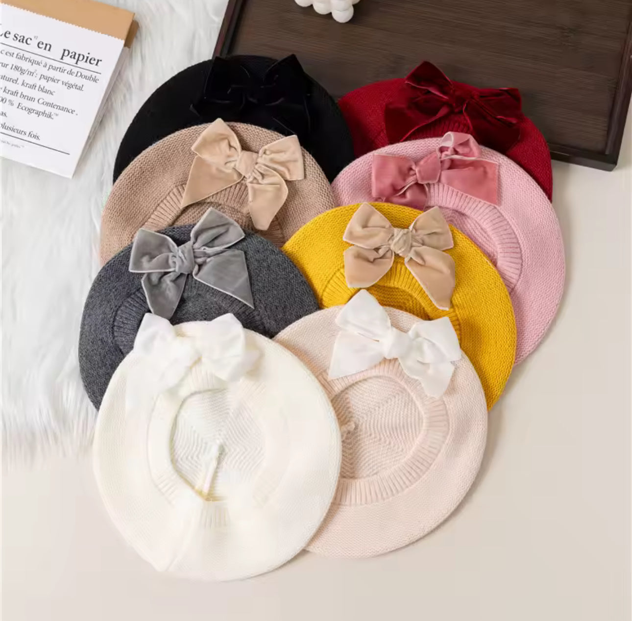 Velvet bow knit berets