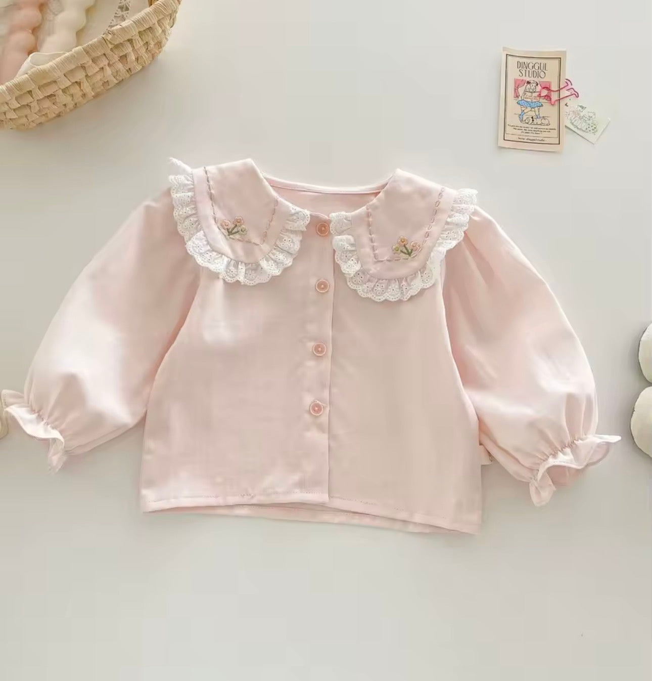 Baby pink flower embroidered collar top and cream jeans set