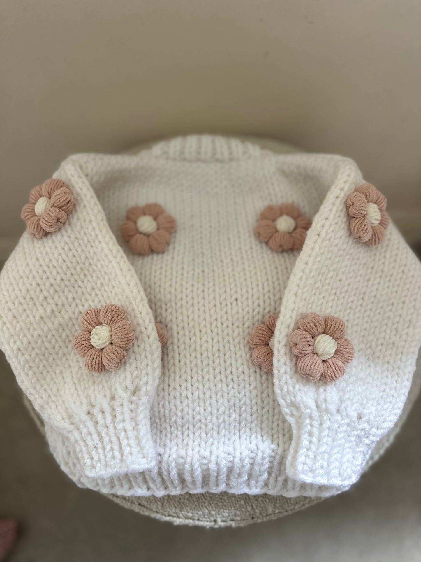 In stock pure white flowers on front and back handknitted cardigan