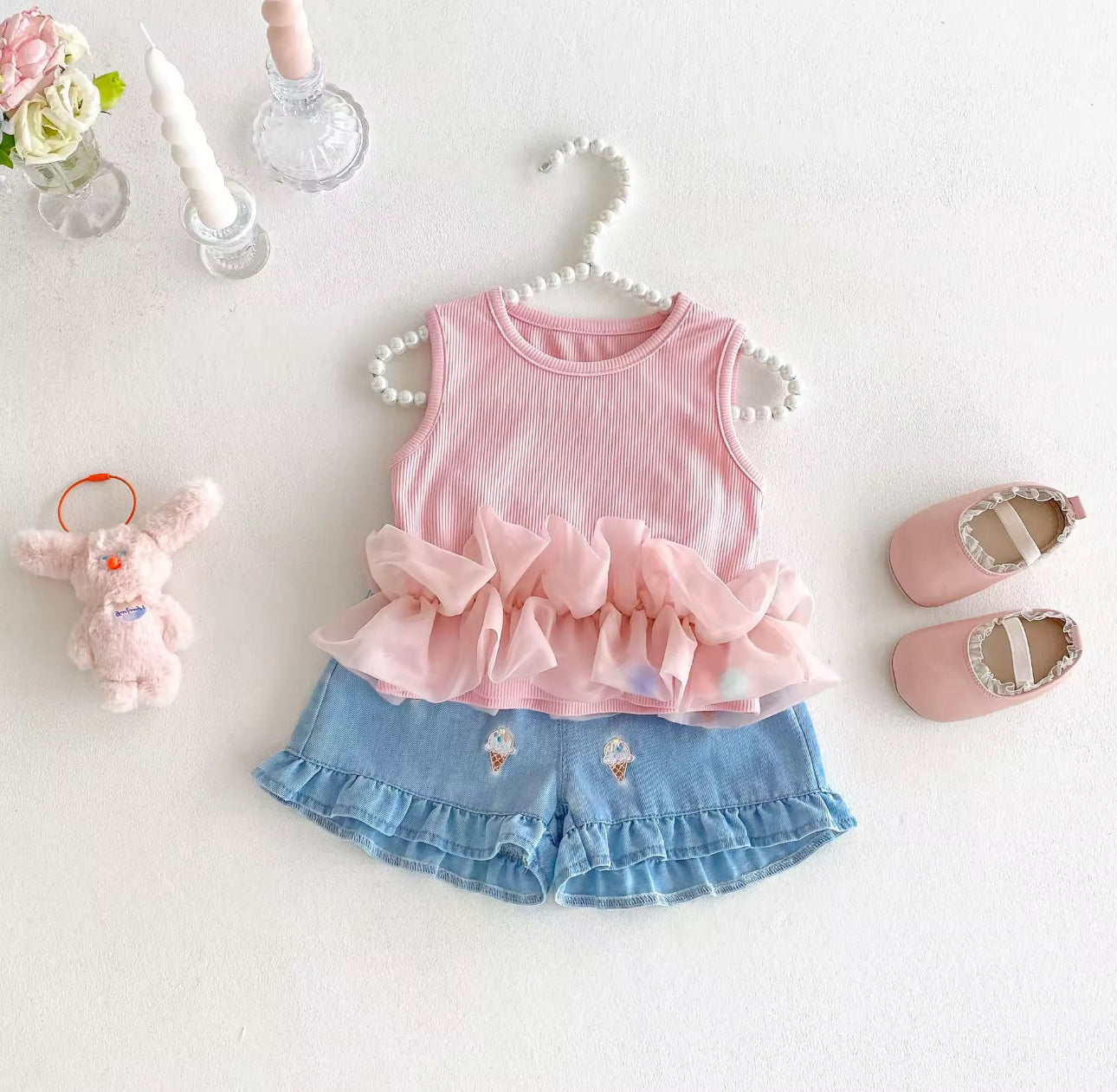 Summer Ice cream embroidered shorts and tutu top set