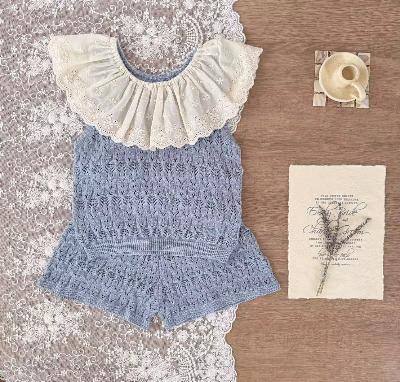Summer knit two piece lace trim sets