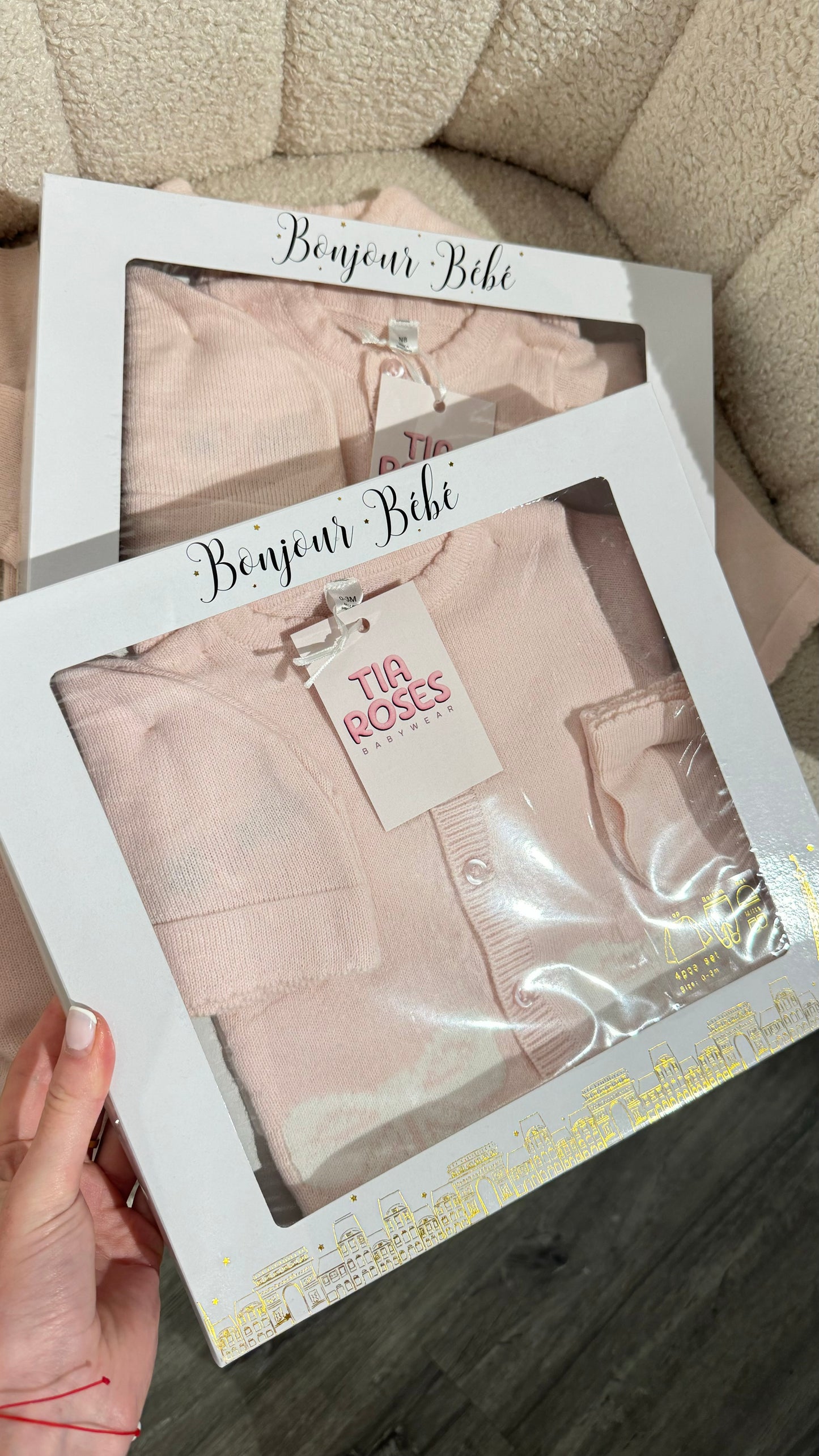 In stock 4 piece pink knit set gift box