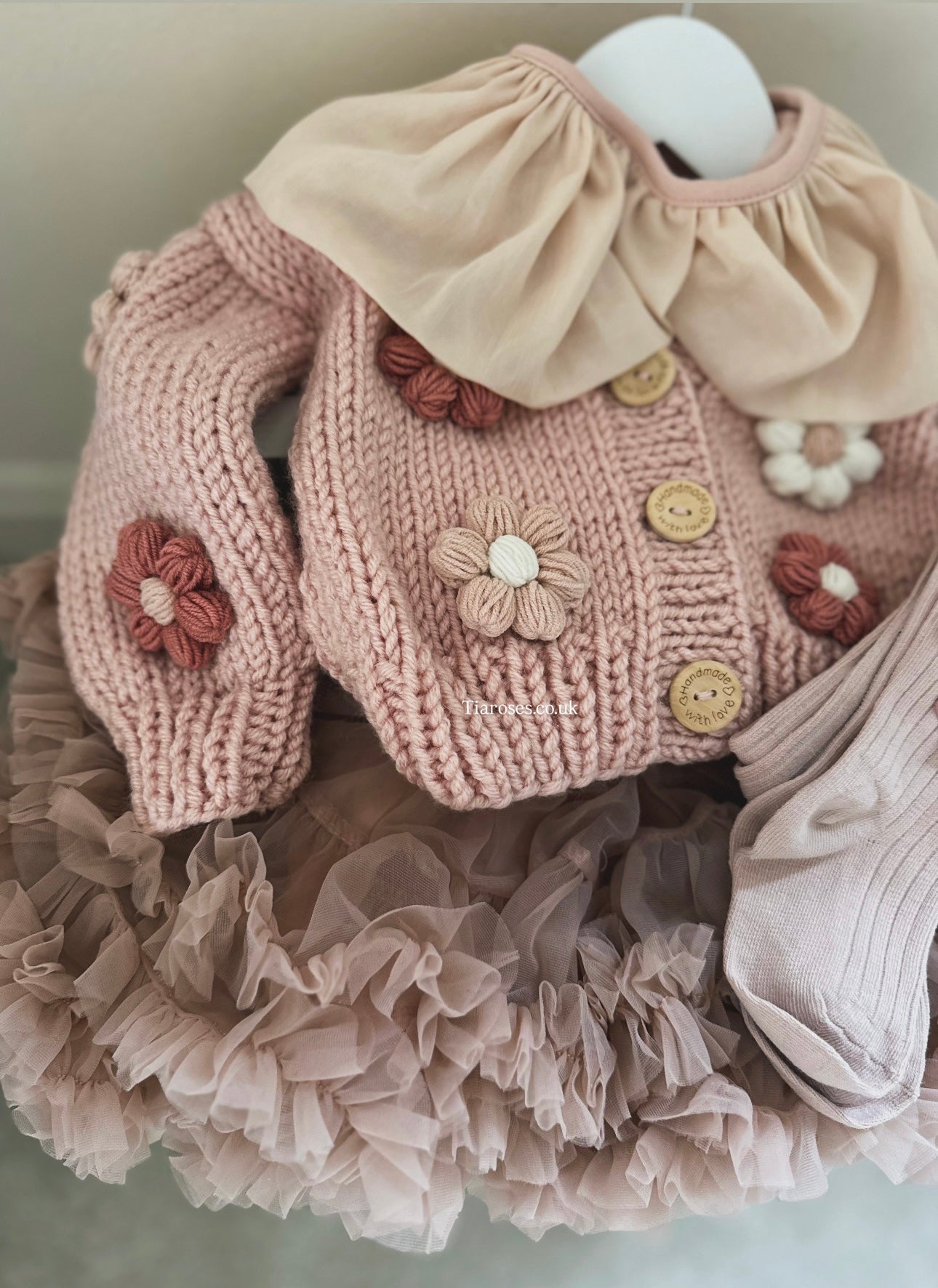 Handknitted cream flower cardigan, top, tutu and tights 4 piece set