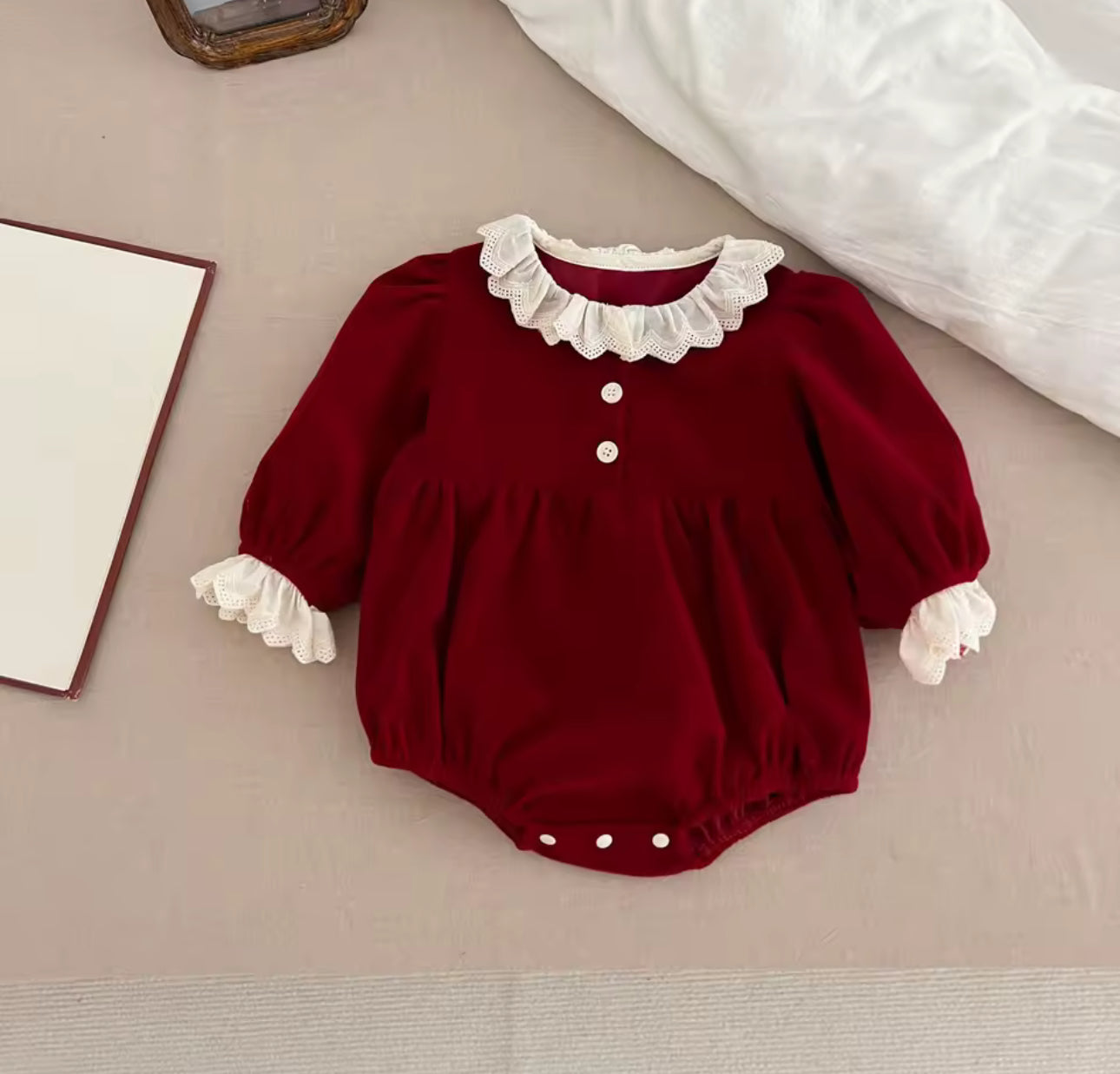 Lace trim velour Christmas romper/dress