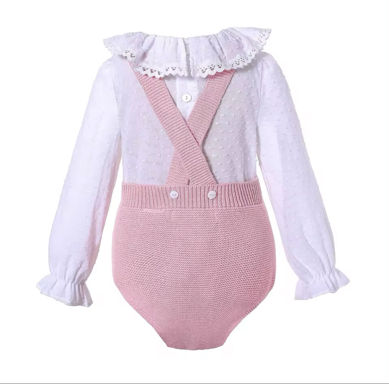 Pre order pink knit romper and white top set