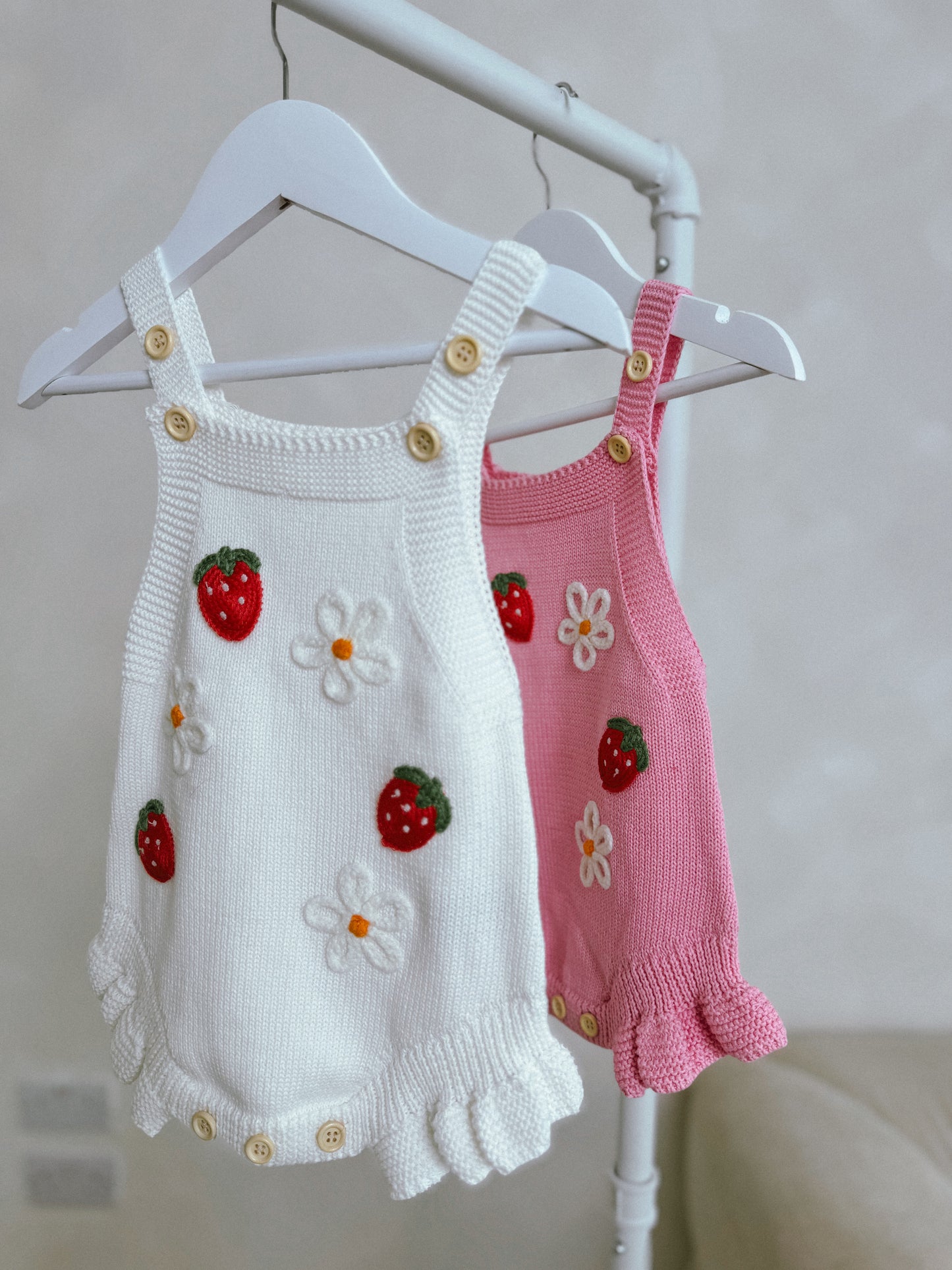In stock summer knitted embroidered strawberry rompers