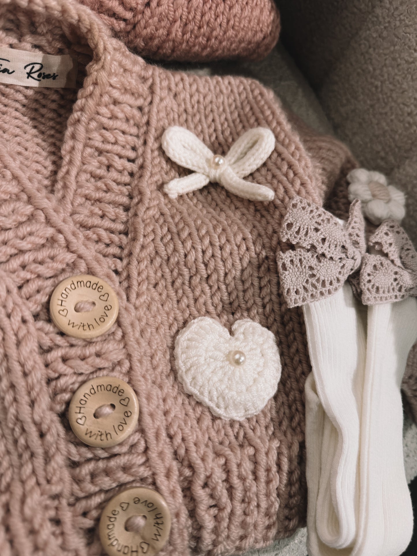Pre order new style handknitted bows hearts and flowers cardigans