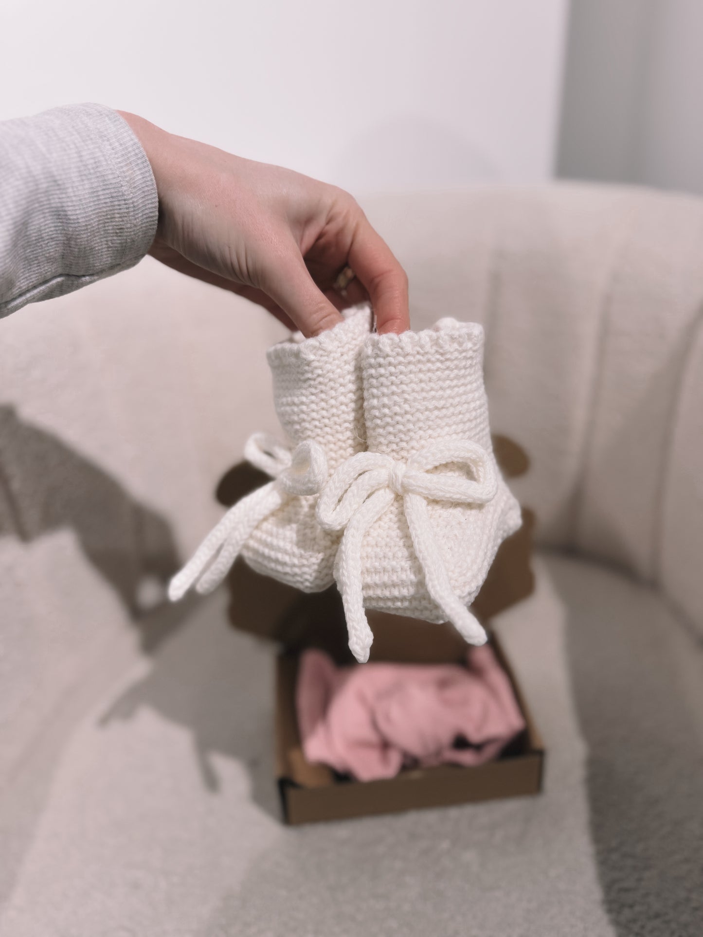 In stock handmade booties and bow boxes