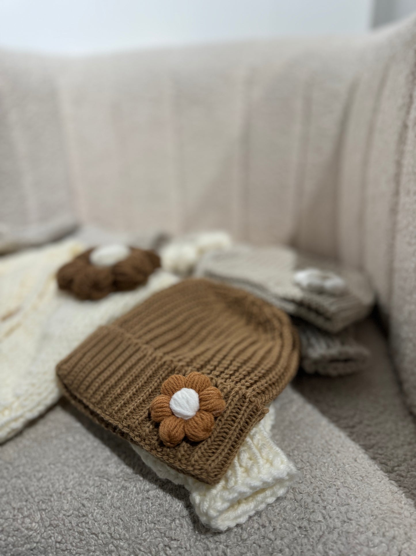 In stock handknit flower hat