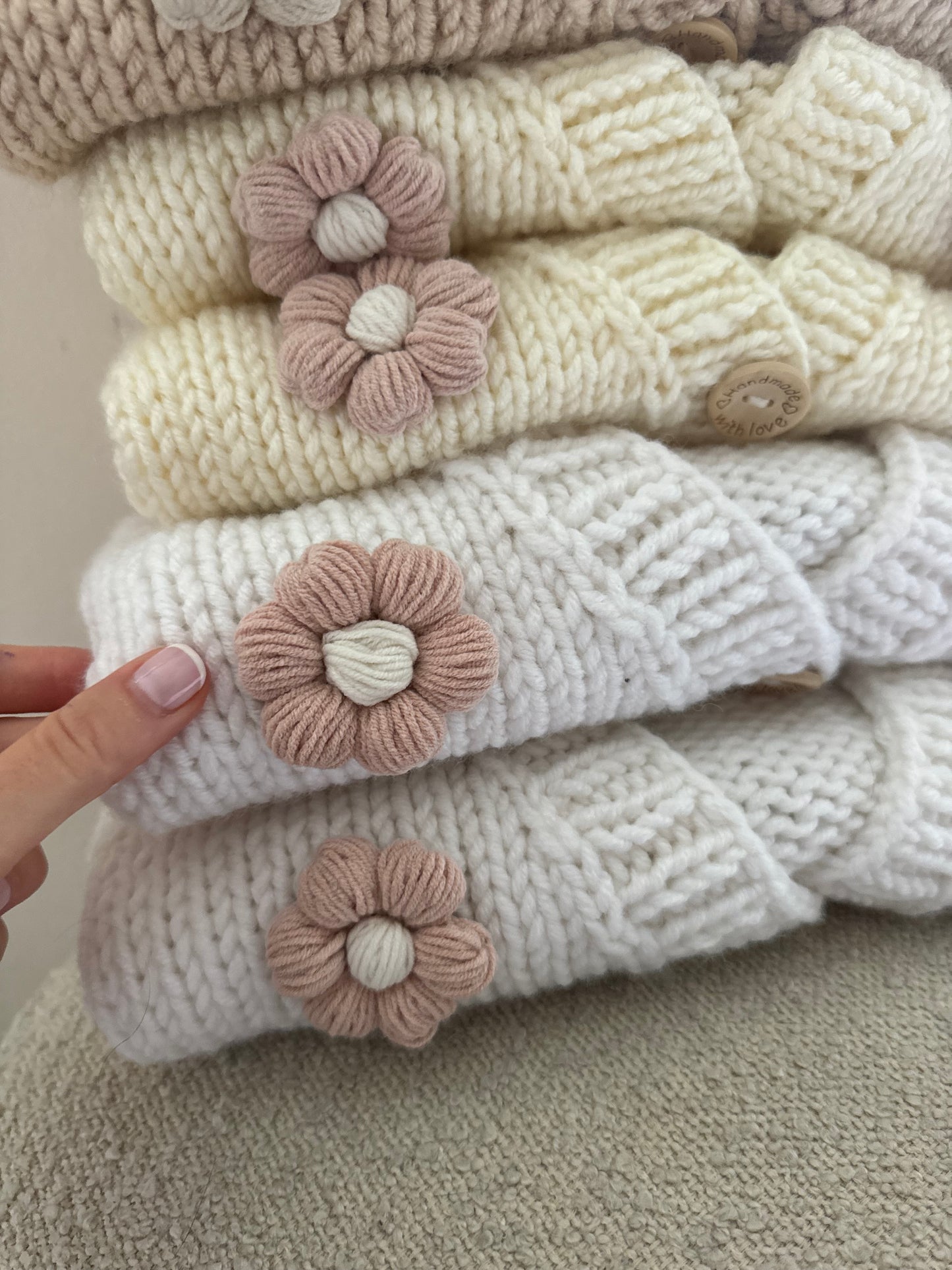 In stock pure white flowers on front and back handknitted cardigan