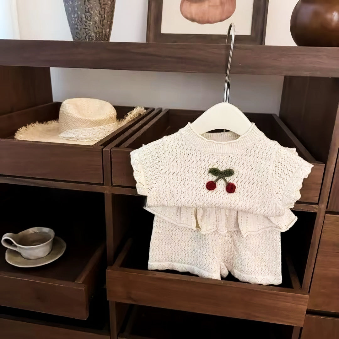 Cherry summer knit two piece top and frill shorts set