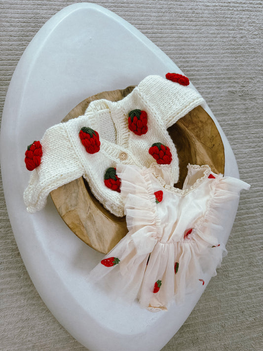 Mama and me handknitted strawberry 2 cardigan set