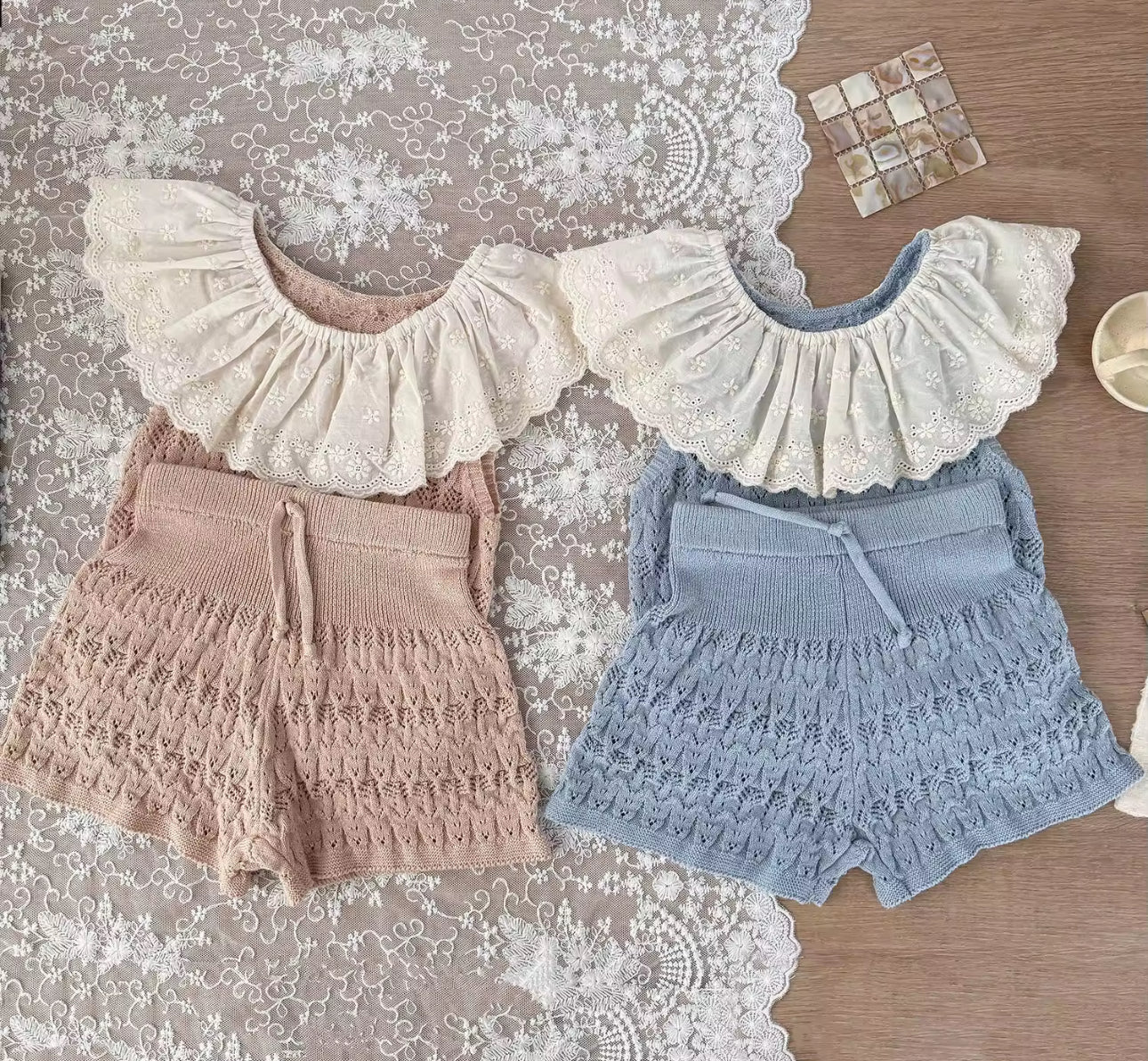 Summer knit two piece lace trim sets