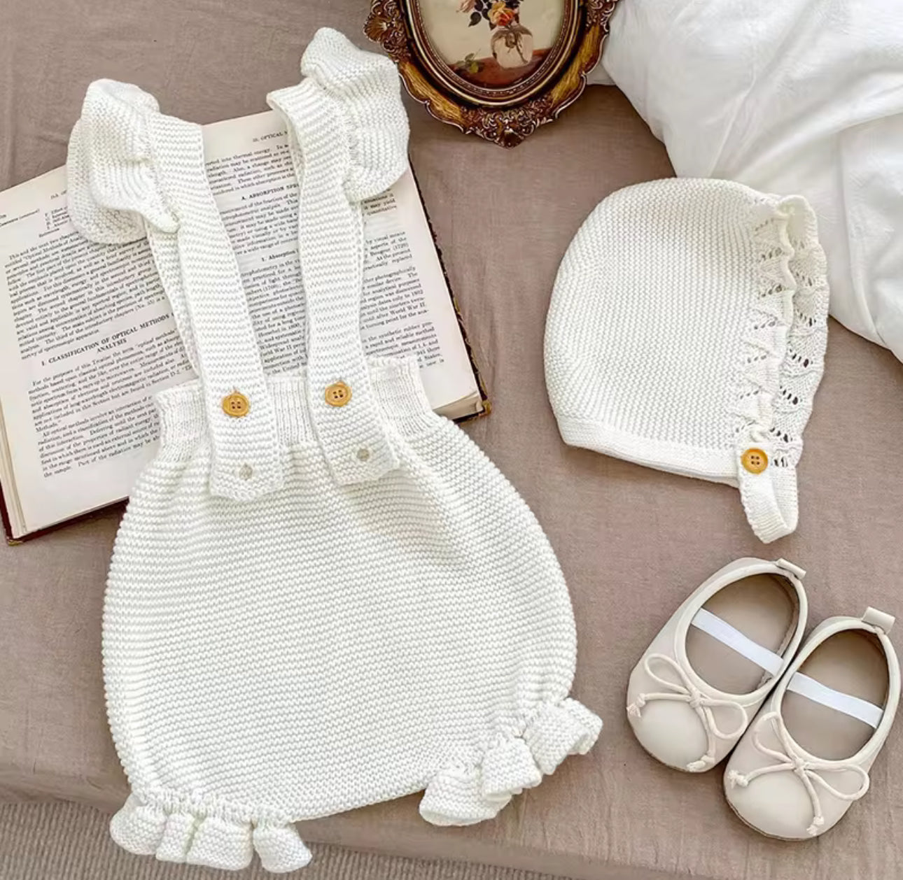 Pre order knit romper and bonnet set