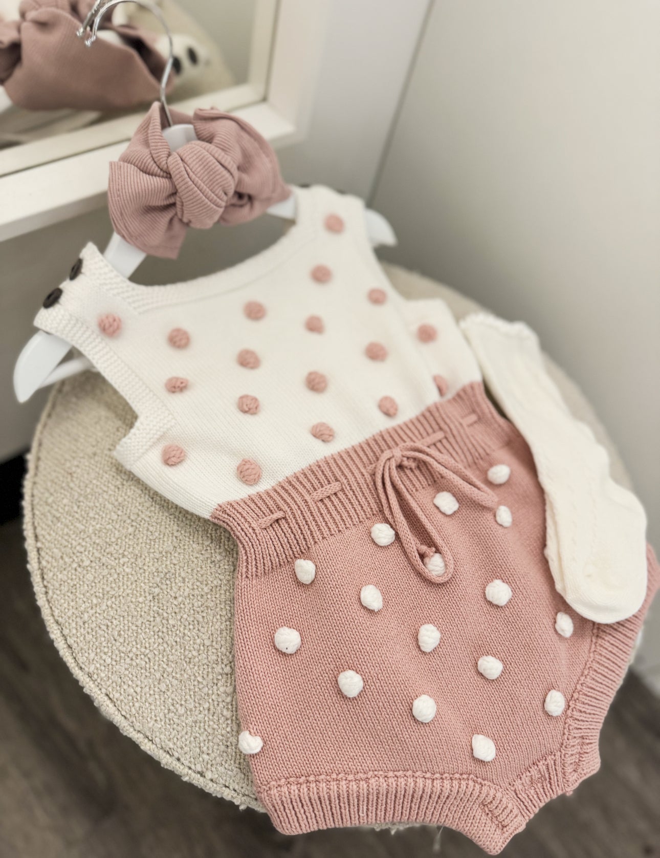 In stock spring pink and white knit bobble romper/set