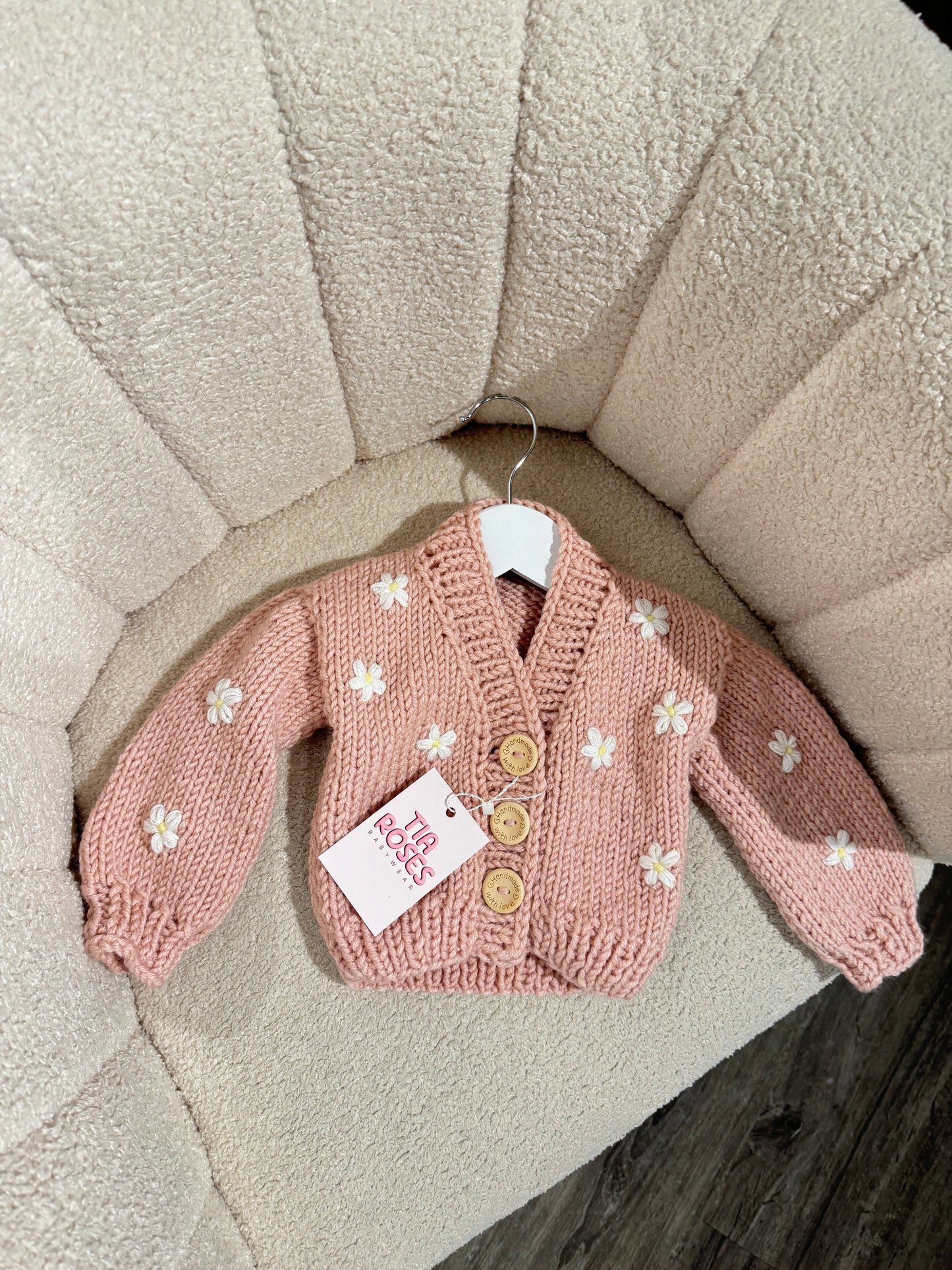 Hand knitted chunky cardigan cream bow