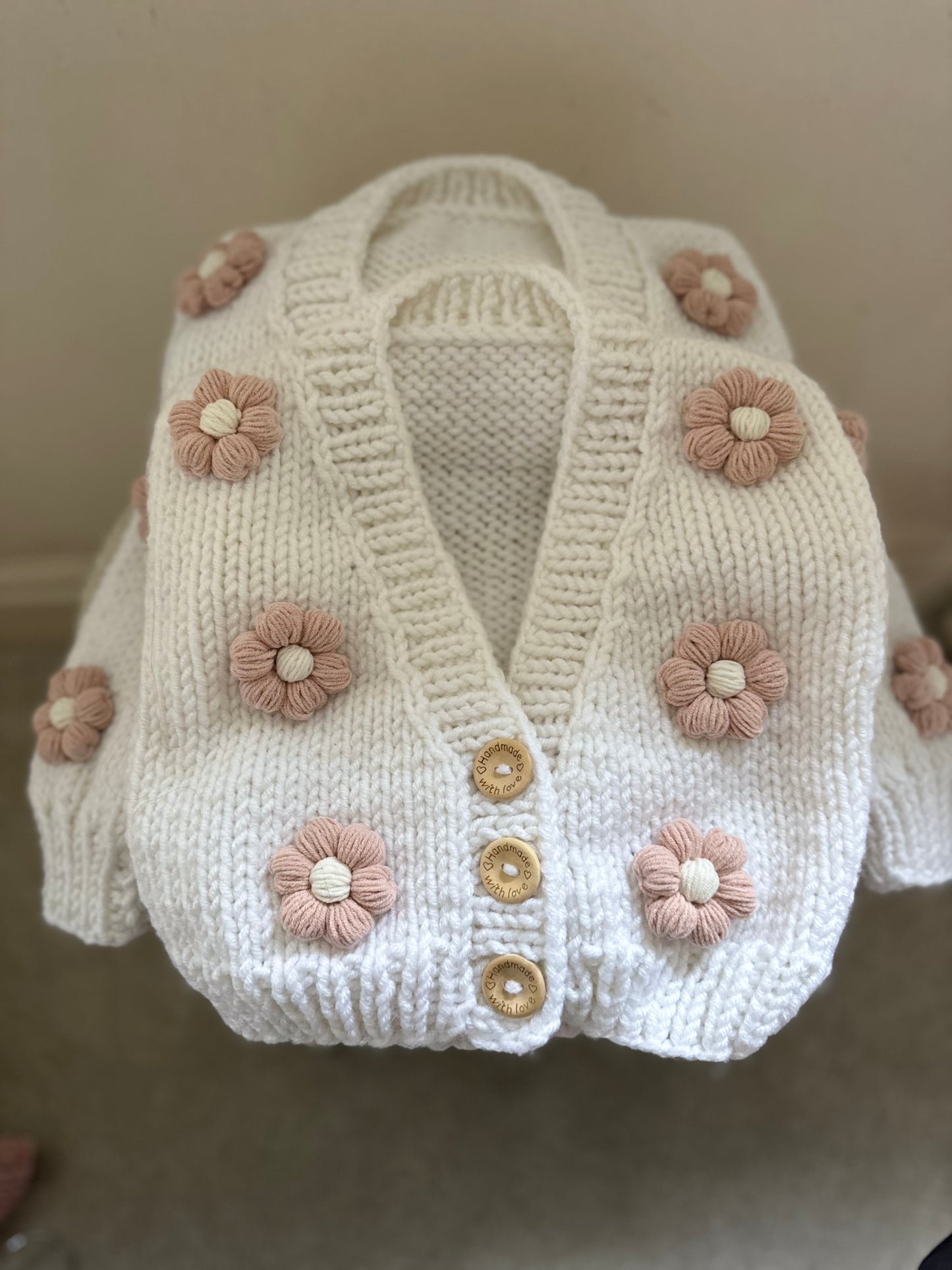 In stock pure white flowers on front and back handknitted cardigan