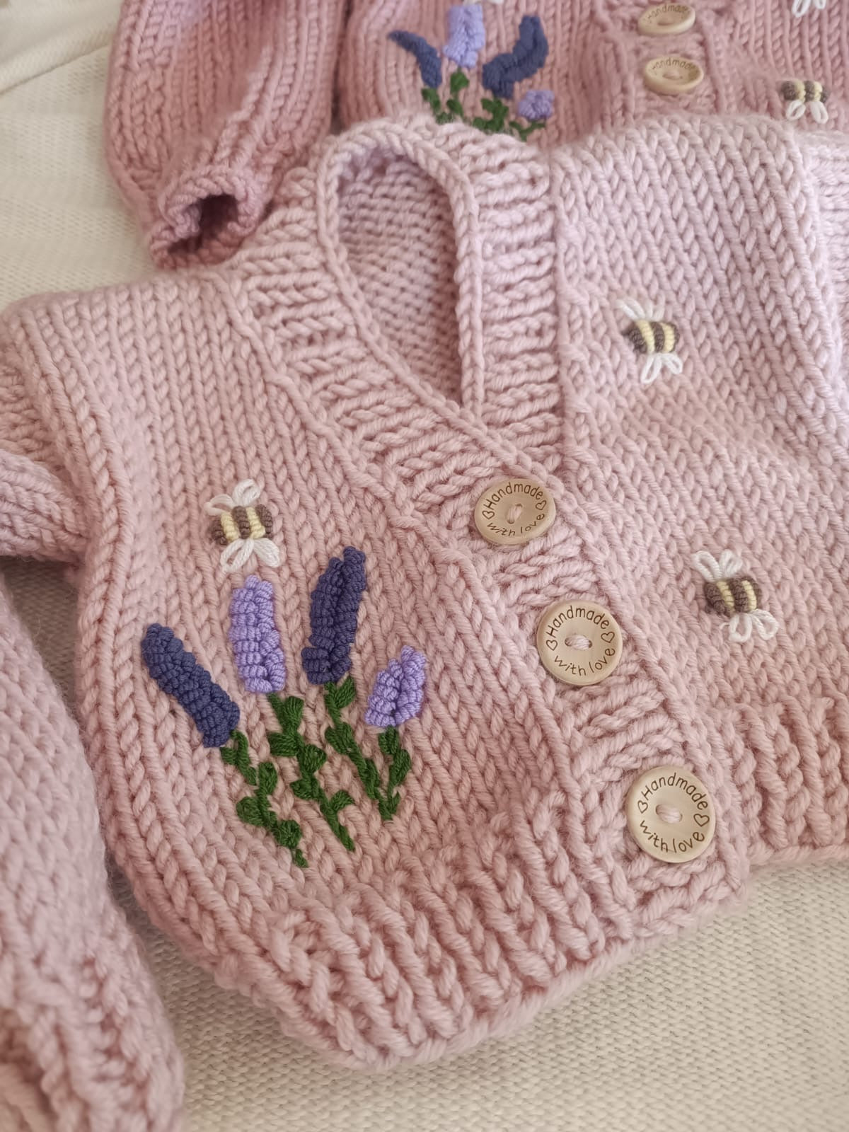 Pre order New collection handknitted flower and bee cardigans