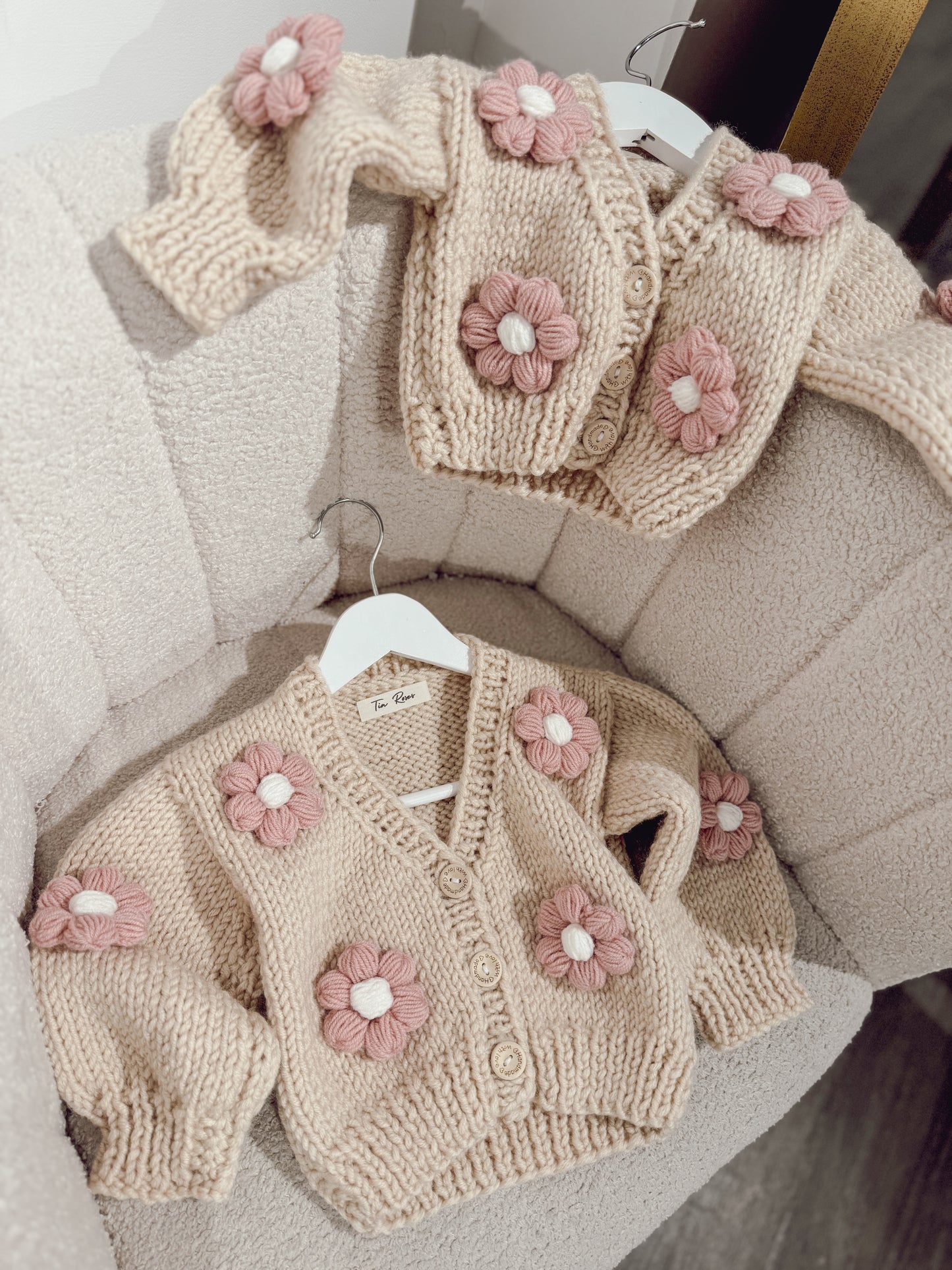 Beige flowers hand knitted cardigan