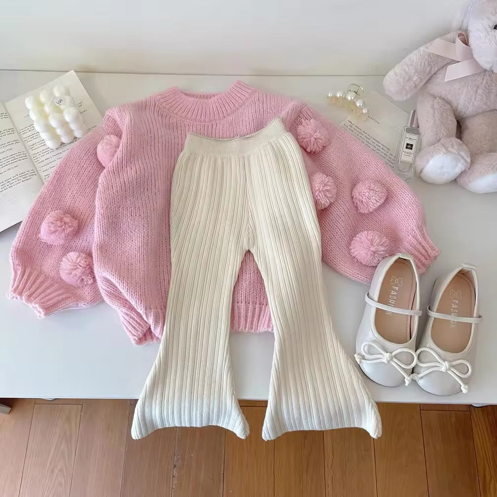 Chunky Pom Pom spring summer jumper and knit flares set