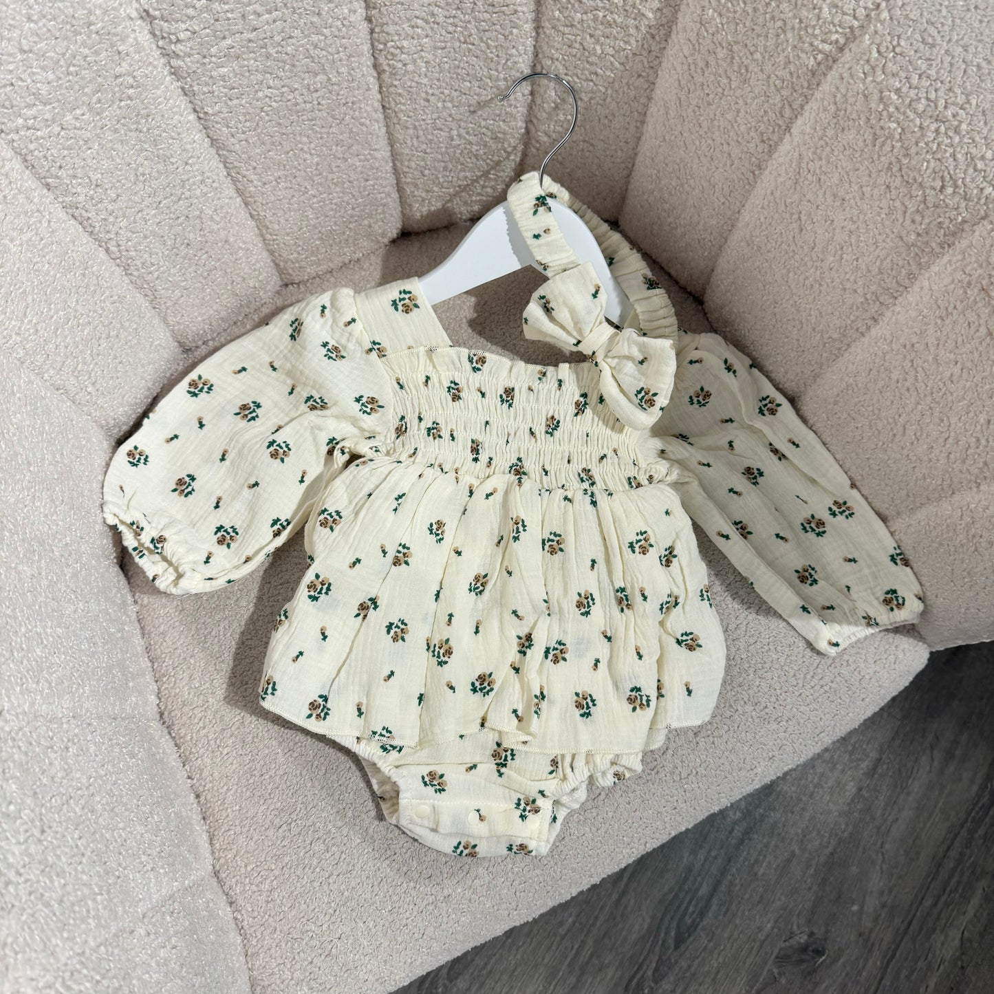 In stock Floral linen romper and headband