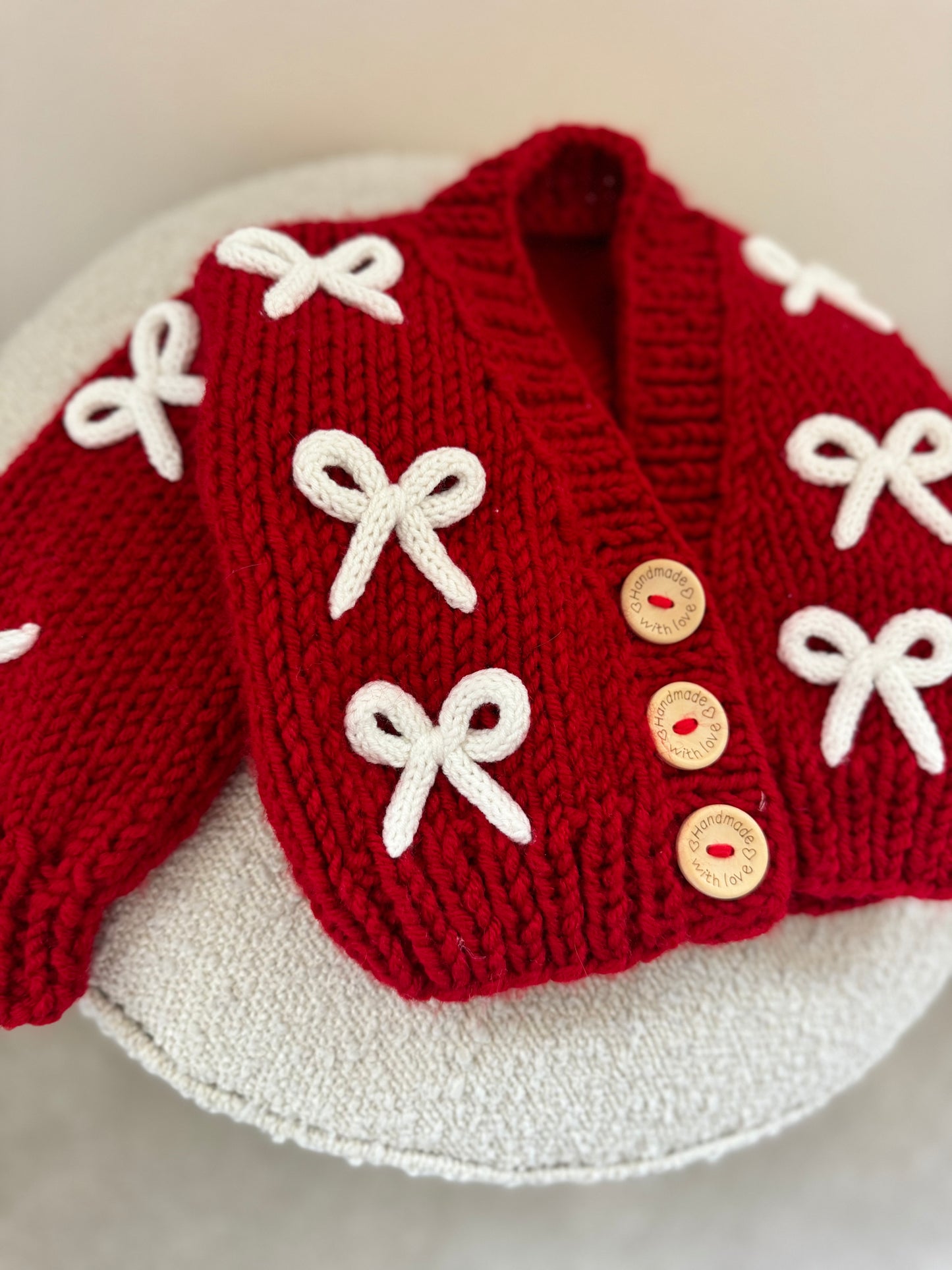 Christmas red and white bow handknitted cardigan