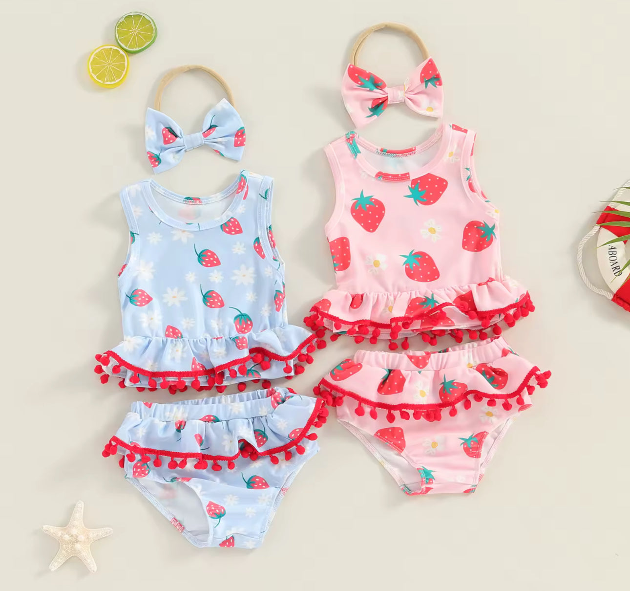 Pink strawberry print swimming costume/ruffle costume/ two piece collection