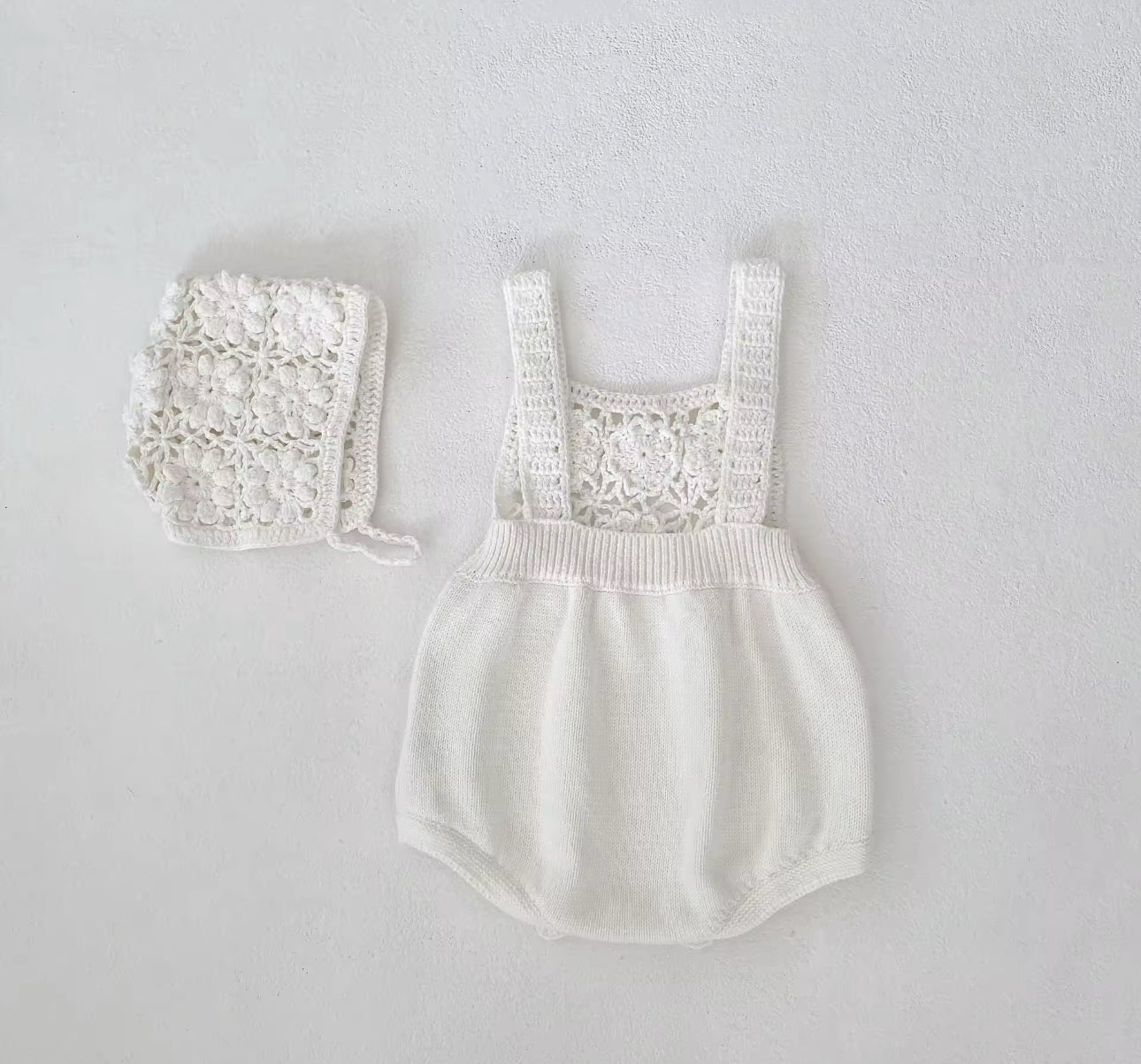 Boho summer crochet white romper/bonnet