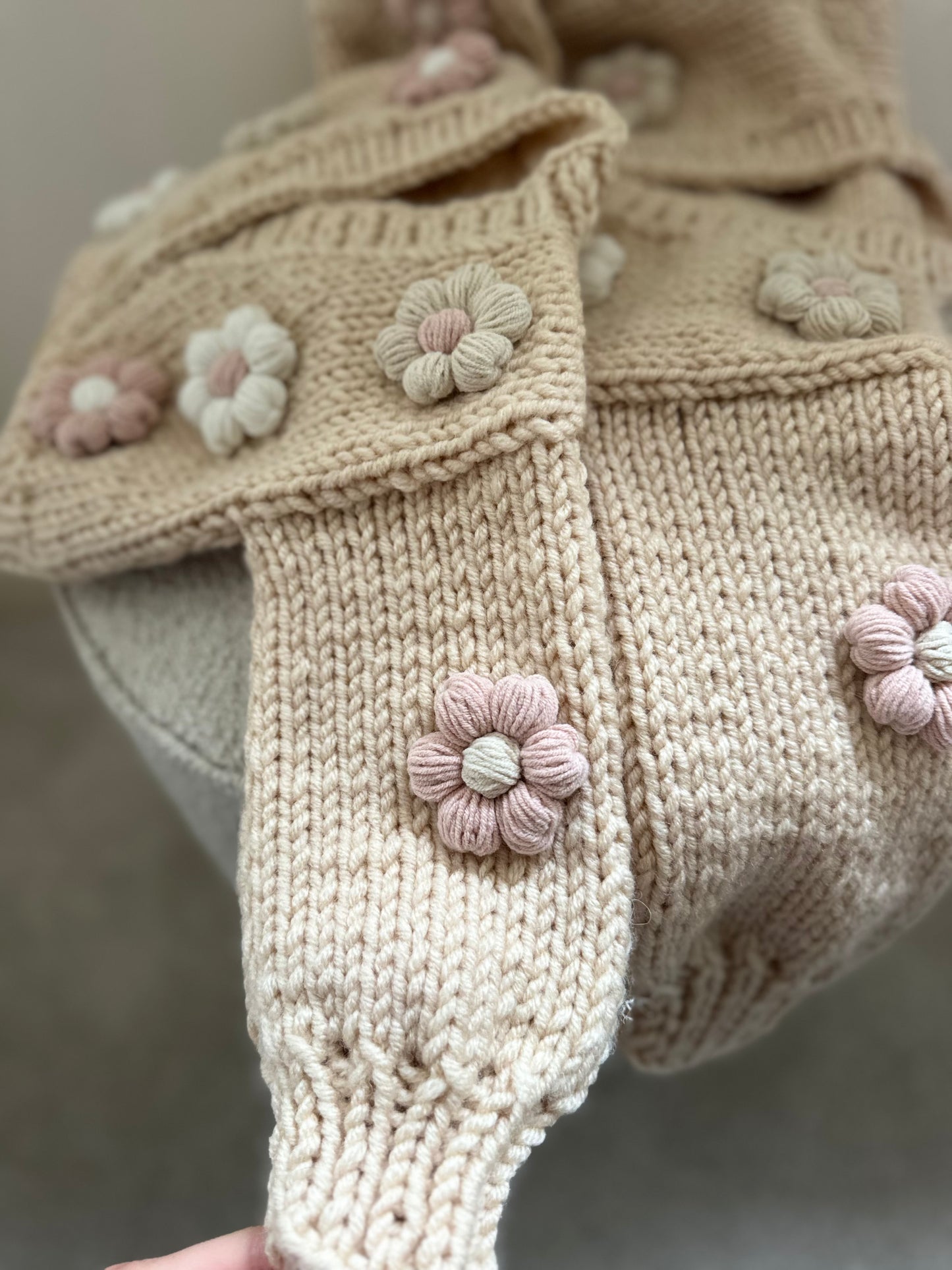 In stock beige and baby pink multi flowers handknitted cardigan
