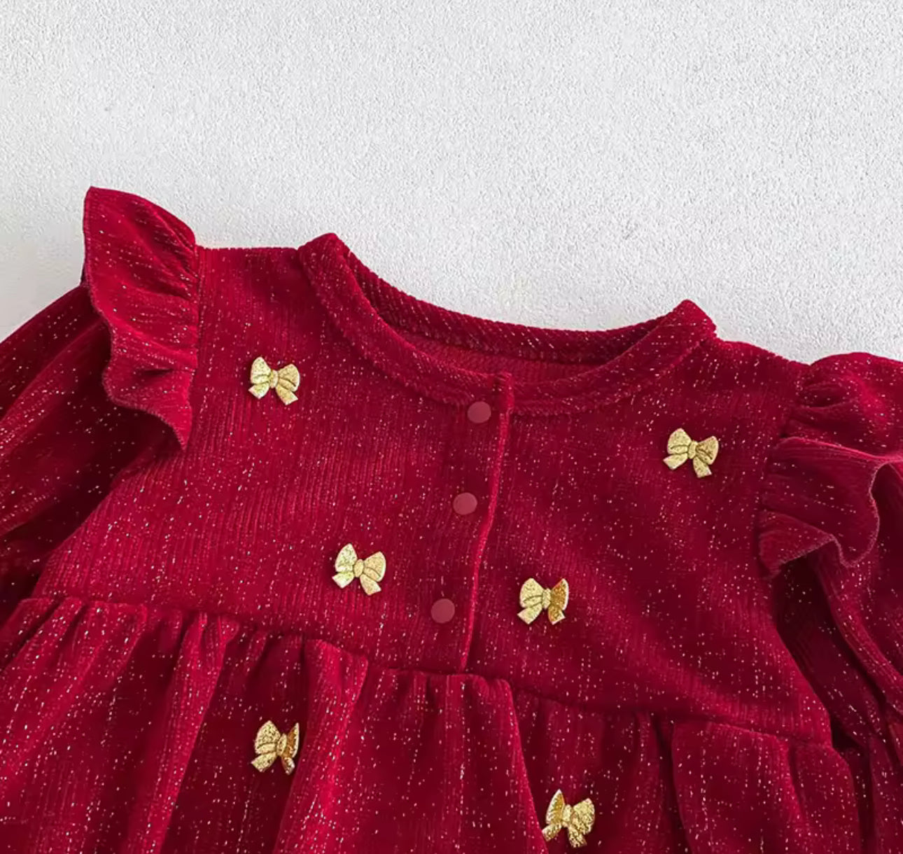 Gold embroidered bow red Christmas romper