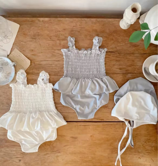 Crinkle ruffle swimming costume and bonnet