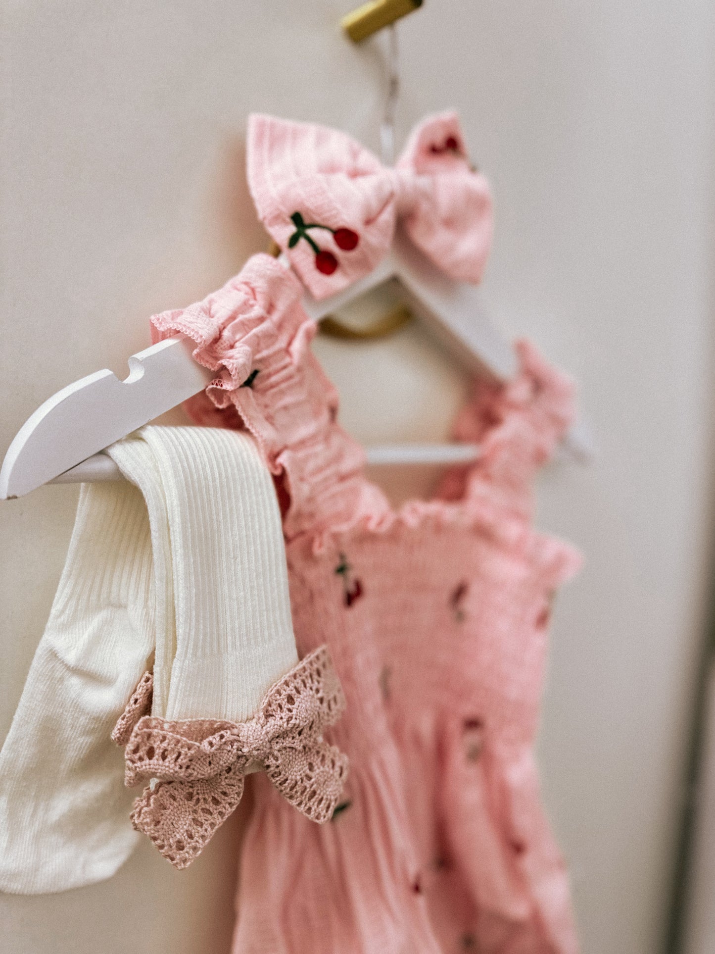 In stock spring/summer cherry pink ruffle romper and cherry print headband