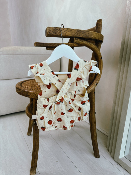 In stock summer cream strawberry cross back romper